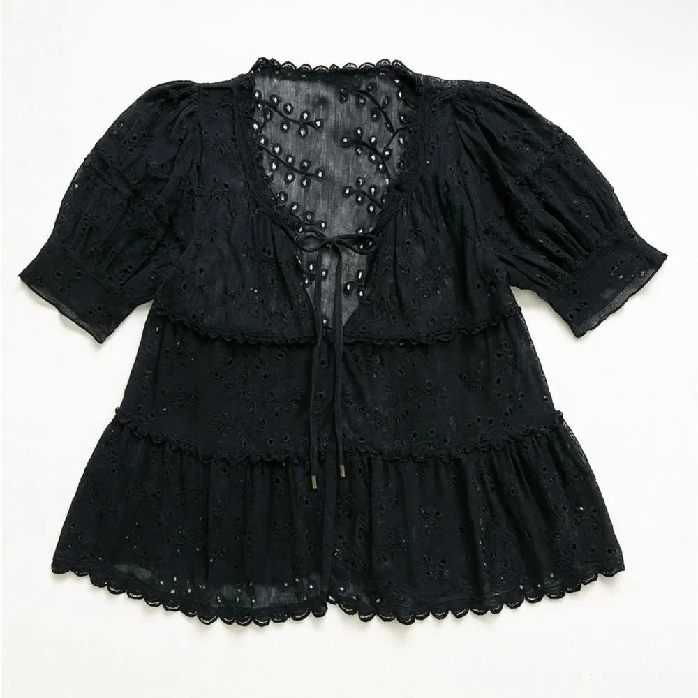 Free People Womens Blouse SP Black Eyelet Boho Semi Sheer Ruffle Puff Sleeve